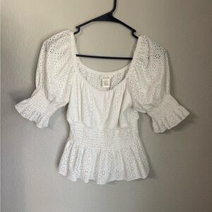 URBAN Romantics White Eyelet Puff-Sleeve Smocked Waist Top